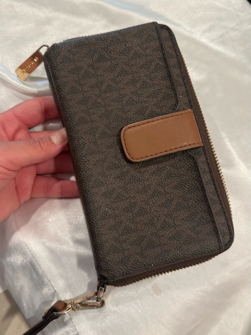 Michael Kors Dark Brown Signature Zip Wallet with Gold Hardware